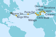 Visitando Nueva York (Estados Unidos), Kings Wharf (Bermudas), Ponta Delgada (Azores), Lisboa (Portugal), Cádiz (España), Málaga, Ibiza (España), Barcelona, Cannes (Francia), Livorno, Pisa y Florencia (Italia), Civitavecchia (Roma)