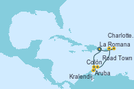 Visitando La Romana (República Dominicana), Puerto Said (Egipto), Aruba (Antillas), Colón, Kralendijk (Antillas), Charlotte Amalie (St. Thomas), Road Town (Isla Tórtola/Islas Vírgenes), La Romana (República Dominicana)