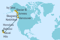 Visitando Honolulu (Hawai), Kauai (Hawai), Kauai (Hawai), Kahului (Hawai/EEUU), Hilo (Hawai), Icy Strait Point (Alaska), Juneau (Alaska), Glaciar Bay (Alaska), Skagway (Alaska), Ketchikan (Alaska), Vancouver (Canadá)