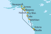 Visitando Seattle (Washington/EEUU), Juneau (Alaska), Skagway (Alaska), Haines (Alaska), Navegación por Glaciar Hubbard (Alaska), Sitka (Alaska), Icy Strait Point (Alaska), Ketchikan (Alaska), Victoria (Canadá), Seattle (Washington/EEUU)