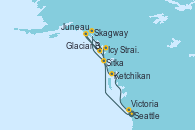 Visitando Seattle (Washington/EEUU), Icy Strait Point (Alaska), Sitka (Alaska), Skagway (Alaska), Glaciar Bay (Alaska), Juneau (Alaska), Ketchikan (Alaska), Victoria (Canadá), Seattle (Washington/EEUU)