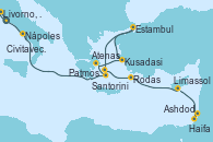 Visitando Civitavecchia (Roma), Livorno, Pisa y Florencia (Italia), Nápoles (Italia), Santorini (Grecia), Atenas (Grecia), Kusadasi (Efeso/Turquía), Estambul (Turquía), Patmos (Grecia), Rodas (Grecia), Limassol (Chipre), Ashdod (Israel), Haifa (Israel)