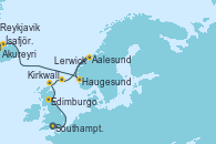 Visitando Southampton (Inglaterra), Edimburgo (Escocia), Kirkwall (Escocia), Lerwick (Escocia), Aalesund (Noruega), Haugesund (Noruega), Akureyri (Islandia), Ísafjörður (Islandia), Reykjavik (Islandia)
