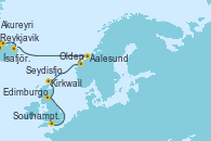Visitando Reykjavik (Islandia), Reykjavik (Islandia), Ísafjörður (Islandia), Akureyri (Islandia), Seydisfjordur (Islandia), Aalesund (Noruega), Olden (Noruega), Kirkwall (Escocia), Edimburgo (Escocia), Southampton (Inglaterra)