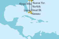 Visitando Nueva York (Estados Unidos), Kings Wharf (Bermudas), Kings Wharf (Bermudas), Nassau (Bahamas), Great Stirrup Cay (Bahamas), Puerto Cañaveral (Florida), Norfolk (Virginia/EEUU), Nueva York (Estados Unidos)