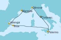 Visitando Civitavecchia (Roma), Palermo (Italia), Ibiza (España), Valencia, Marsella (Francia), Génova (Italia), Civitavecchia (Roma)