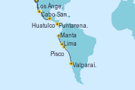 Visitando Los Ángeles (California), Cabo San Lucas (México), Huatulco (México), Puntarenas (Costa Rica), Manta (Ecuador), Lima (Callao/Perú), Lima (Callao/Perú), Pisco (Perú), Valparaíso (Chile)