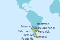 Visitando Buenos aires, Montevideo (Uruguay), Punta del Este (Uruguay), Puerto Madryn (Argentina), Cabo de Hornos (Chile), Ushuaia (Argentina), Punta Arenas (Chile), Estrecho de Magallanes, Valparaíso (Chile)