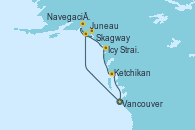 Visitando Vancouver (Canadá), Juneau (Alaska), Skagway (Alaska), Navegación por Glaciar Hubbard (Alaska), Icy Strait Point (Alaska), Ketchikan (Alaska), Vancouver (Canadá)