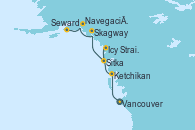 Visitando Vancouver (Canadá), Ketchikan (Alaska), Icy Strait Point (Alaska), Sitka (Alaska), Skagway (Alaska), Navegación por Glaciar Hubbard (Alaska), Seward (Alaska)