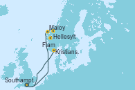Visitando Southampton (Inglaterra), Maloy (Noruega), Hellesylt (Noruega), Flam (Noruega), Kristiansand (Noruega), Southampton (Inglaterra)