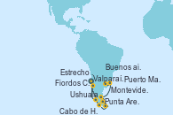 Visitando Valparaíso (Chile), Fiordos Chilenos, Estrecho de Magallanes, Punta Arenas (Chile), Ushuaia (Argentina), Cabo de Hornos (Chile), Puerto Madryn (Argentina), Montevideo (Uruguay), Buenos aires