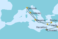 Visitando Limassol (Chipre), Haifa (Israel), Heraklion (Creta), Génova (Italia), Civitavecchia (Roma), Messina (Sicilia), Rodas (Grecia), Limassol (Chipre)