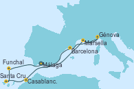 Visitando Málaga, Marsella (Francia), Génova (Italia), Barcelona, Casablanca (Marruecos), Santa Cruz de Tenerife (España), Funchal (Madeira), Málaga