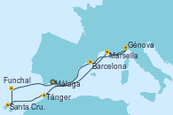 Visitando Málaga, Marsella (Francia), Génova (Italia), Barcelona, Tánger (Marruecos), Santa Cruz de Tenerife (España), Funchal (Madeira), Málaga