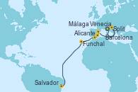 Visitando Venecia (Italia), Split (Croacia), Barcelona, Alicante (España), Málaga, Funchal (Madeira), Salvador de Bahía (Brasil)
