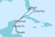 Visitando Miami (Florida/EEUU), Puerto Costa Maya (México), Roatán (Honduras), Cozumel (México), CocoCay (Bahamas), Miami (Florida/EEUU)