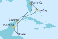 Visitando Puerto Cañaveral (Florida), CocoCay (Bahamas), Cozumel (México), Roatán (Honduras), Puerto Costa Maya (México), Puerto Cañaveral (Florida)