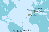 Visitando Barcelona, Alicante (España), Málaga, Funchal (Madeira), Salvador de Bahía (Brasil), Río de Janeiro (Brasil)