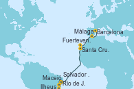 Visitando Río de Janeiro (Brasil), Ilheus (Brasil), Salvador de Bahía (Brasil), Maceió (Brasil), Santa Cruz de la Palma (España), Fuerteventura (Canarias/España), Málaga, Barcelona