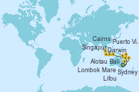 Visitando Sydney (Australia), Mare (Nueva Caledonia), Lifou (Isla Loyalty/Nueva Caledonia), Puerto Vila (Vanuatu), Alotau (Pupúa Nueva Guinea), Cairns (Australia), Darwin (Australia), Lombok (Indonesia), Bali (Indonesia), Bali (Indonesia), Singapur