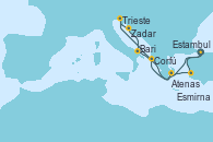 Visitando Estambul (Turquía), Corfú (Grecia), Trieste (Italia), Zadar (Croacia), Bari (Italia), Atenas (Grecia), Esmirna (Turquía), Estambul (Turquía), Estambul (Turquía)