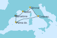 Visitando Barcelona, Toulon (Francia), Génova (Italia), Civitavecchia (Roma), Palma de Mallorca (España), Barcelona