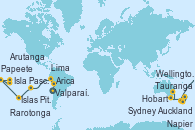 Visitando Valparaíso (Chile), Arica (Chile), Lima (Callao/Perú), Lima (Callao/Perú), Isla Pascua (Chile), Islas Pitcairn (Pacífico), Papeete (Tahití), Papeete (Tahití), Rarotonga (Islas Cook), Arutanga (Aitutaki, Islas Cook), Auckland (Nueva Zelanda), Tauranga (Nueva Zelanda), Napier (Nueva Zelanda), Wellington (Nueva Zelanda), Hobart (Australia), Sydney (Australia), Sydney (Australia)