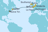 Visitando Nueva York (Estados Unidos), Halifax (Canadá), Dublin (Irlanda), Belfast (Irlanda), Ámsterdam (Holanda), Zeebrugge (Bruselas), Le Havre (Francia), Southampton (Inglaterra)