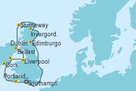 Visitando Southampton (Inglaterra), Edimburgo (Escocia), Invergordon (Escocia), Stornoway (Isla de Lewis/Escocia), Belfast (Irlanda), Liverpool (Reino Unido), Dublin (Irlanda), Cork (Irlanda), Portland, Dorset (Reino Unido), Southampton (Inglaterra)
