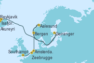 Visitando Reykjavik (Islandia), Ísafjörður (Islandia), Akureyri (Islandia), Geiranger (Noruega), Aalesund (Noruega), Bergen (Noruega), Ámsterdam (Holanda), Zeebrugge (Bruselas), Southampton (Inglaterra)