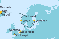 Visitando Southampton (Inglaterra), Zeebrugge (Bruselas), Ámsterdam (Holanda), Geiranger (Noruega), Bergen (Noruega), Aalesund (Noruega), Akureyri (Islandia), Ísafjörður (Islandia), Reykjavik (Islandia), Reykjavik (Islandia)