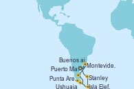 Visitando Buenos aires, Montevideo (Uruguay), Puerto Madryn (Argentina), Punta Arenas (Chile), Ushuaia (Argentina), Isla Paraíso (Venezuela), Isla Elefante (Antártida), Stanley (Malvinas), Buenos aires