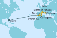 Visitando Miami (Florida/EEUU), Málaga, Cartagena (Murcia), Palma de Mallorca (España), Marsella (Francia), Niza (Francia), Ajaccio (Córcega), Civitavecchia (Roma)