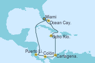 Visitando Miami (Florida/EEUU), Ocho Ríos (Jamaica), Cartagena de Indias (Colombia), Colón (Panamá), Puerto Limón (Costa Rica), Ocean Cay MSC Marine Reserve (Bahamas), Miami (Florida/EEUU)