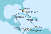 Visitando Puerto Cañaveral (Florida), Ocean Cay MSC Marine Reserve (Bahamas), Ocho Ríos (Jamaica), Aruba (Antillas), Cartagena de Indias (Colombia), Colón (Panamá), Puerto Limón (Costa Rica), Costa Maya (México), Miami (Florida/EEUU)