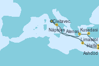 Visitando Civitavecchia (Roma), Limassol (Chipre), Ashdod (Israel), Ashdod (Israel), Haifa (Israel), Kusadasi (Efeso/Turquía), Atenas (Grecia), Nápoles (Italia), Civitavecchia (Roma)