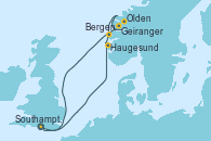 Visitando Southampton (Inglaterra), Haugesund (Noruega), Geiranger (Noruega), Olden (Noruega), Bergen (Noruega), Southampton (Inglaterra)