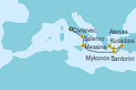 Visitando Civitavecchia (Roma), Salerno (Italia), Messina (Sicilia), Santorini (Grecia), Kusadasi (Efeso/Turquía), Mykonos (Grecia), Atenas (Grecia)