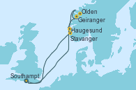 Visitando Southampton (Inglaterra), Haugesund (Noruega), Geiranger (Noruega), Olden (Noruega), Stavanger (Noruega), Southampton (Inglaterra)
