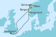 Visitando Southampton (Inglaterra),Navegación,Bergen (Noruega),Olden (Noruega),Geiranger (Noruega),Haugesund (Noruega),Navegación,Southampton (Inglaterra)