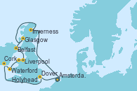 Visitando Ámsterdam (Holanda), Inverness (Escocia), Glasgow (Escocia), Belfast (Irlanda), Liverpool (Reino Unido), Holyhead (Gales/Reino Unido), Waterford (Irlanda), Cork (Irlanda), Dover (Inglaterra), Ámsterdam (Holanda)
