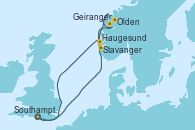 Visitando Southampton (Inglaterra), Stavanger (Noruega), Olden (Noruega), Geiranger (Noruega), Haugesund (Noruega), Southampton (Inglaterra)
