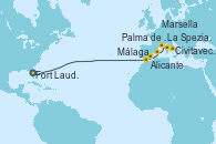 Visitando Fort Lauderdale (Florida/EEUU), Málaga, Alicante (España), Palma de Mallorca (España), Marsella (Francia), La Spezia, Florencia y Pisa (Italia), Civitavecchia (Roma)