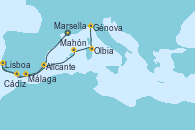 Visitando Marsella (Francia), Málaga, Cádiz (España), Lisboa (Portugal), Alicante (España), Mahón (Menorca/España), Olbia (Cerdeña), Génova (Italia)