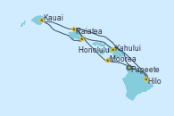 Visitando Papeete (Tahití), Moorea (Tahití), Raiatea (Polinesia Francesa), Raiatea (Polinesia Francesa), Hilo (Hawai), Kahului (Hawai/EEUU), Kauai (Hawai), Kauai (Hawai), Honolulu (Hawai)