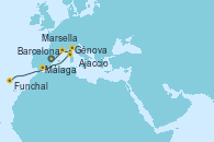 Visitando Barcelona, Marsella (Francia), Génova (Italia), Ajaccio (Córcega), Málaga, Funchal (Madeira)