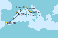 Visitando Barcelona, Gibraltar (Inglaterra), Marsella (Francia), Génova (Italia), Livorno, Pisa y Florencia (Italia), Civitavecchia (Roma)