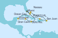 Visitando Miami (Florida/EEUU), Ocean Cay MSC Marine Reserve (Bahamas), Cozumel (México), Gran Caimán (Islas Caimán), Ocho Ríos (Jamaica), Miami (Florida/EEUU), Ocean Cay MSC Marine Reserve (Bahamas), Nassau (Bahamas), San Juan (Puerto Rico), Puerto Plata, Republica Dominicana, Miami (Florida/EEUU)