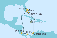 Visitando Miami (Florida/EEUU), Freeport (Bahamas), Ocean Cay MSC Marine Reserve (Bahamas), Ocean Cay MSC Marine Reserve (Bahamas), Miami (Florida/EEUU), Ocho Ríos (Jamaica), Cartagena de Indias (Colombia), Colón (Panamá), Puerto Limón (Costa Rica), Ocean Cay MSC Marine Reserve (Bahamas), Miami (Florida/EEUU)